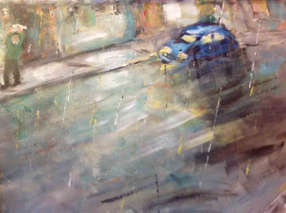 Blue Car in the Rain